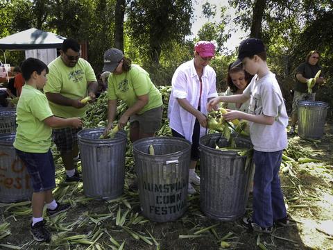 Volunteer shuckers prepare corn at Porter Boone Park, Aumsville Corn Festival, 2010-2011