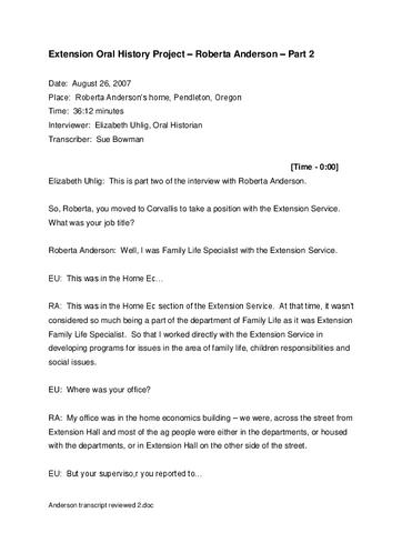 Interview with Roberta Frasier Anderson, August 26, 2007 (Part 2 transcript) show page link