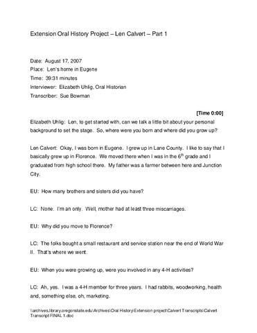 Interview with Leonard J. Calvert, August 17, 2007 (Part 1 transcript) show page link