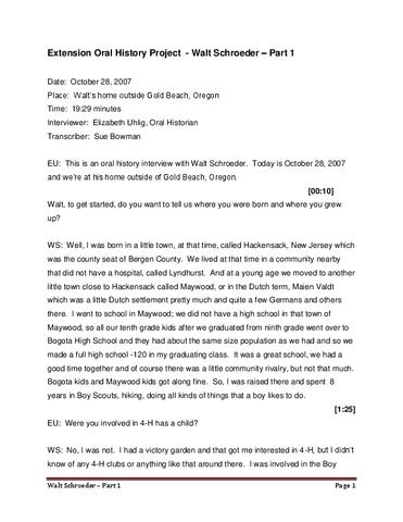 Interview with Walt Schroeder, October 28, 2007 (Part 1 Transcript) show page link