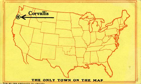 Corvallis, the only town on the map (front of postcard) show page link