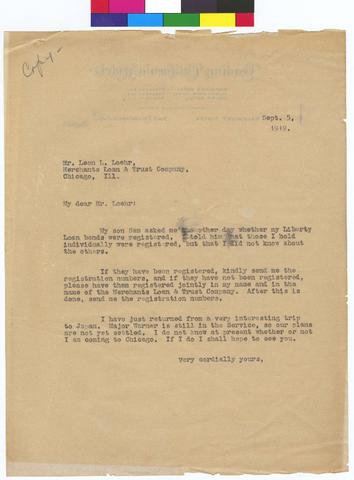 Copy of letter to Mr Leon L Loehr from Mrs Murray Warner September 5, 1919 show page link
