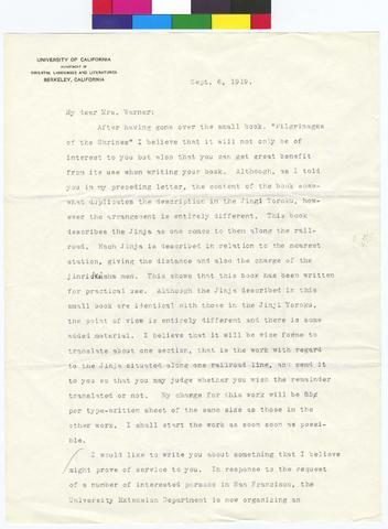 Letter to Mrs Murray Warner from Yoshi S Kuro dated September 6, 1919 show page link
