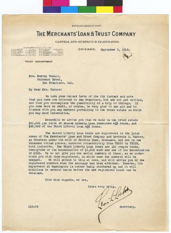 Letter to Mrs Murray Warner from L L [Unknown] dated September 9, 1919 show page link