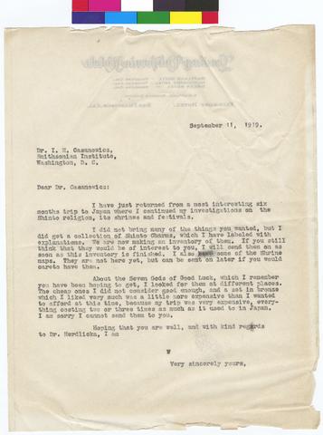 Letter to Dr Casanowicz from Mrs Murray Warner dated September 11, 1919 show page link