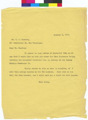 Letter to HJ Knowles from Mrs Murray Warner dated October 2, 1919 show page link