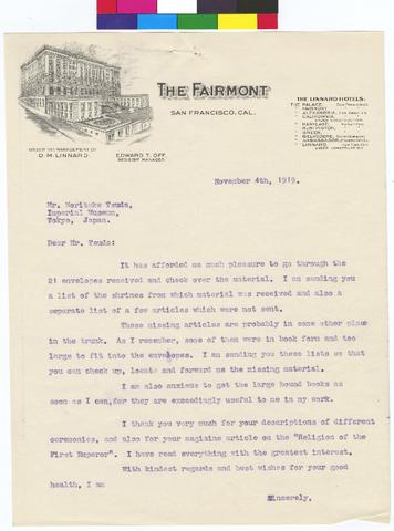 Letter to Mr Noritake Tsuda from Mrs Murray Warner dated November 4, 1919 show page link
