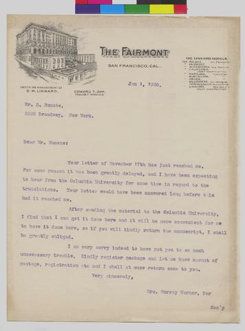 Letter to Mr S Numante from Mrs Murray Warner dated January 1, 1920 show page link
