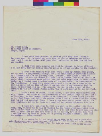 Letter to Dr Genji Kato from Mrs Murray Warner dated June 7, 1920 show page link