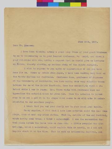 Letter to Mr Imazawa from Mrs Murray Warner dated June 29, 1920 show page link