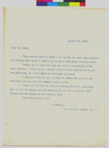 Letter to Mr Noritake Tsuda from Mrs Murray Warner dated August 8, 1920 show page link