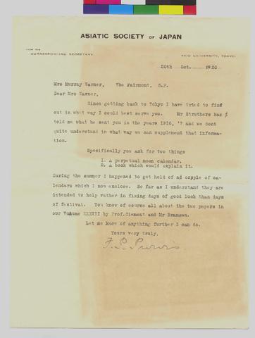 Letter to Mrs Murray Warner from FP [unknown] show page link