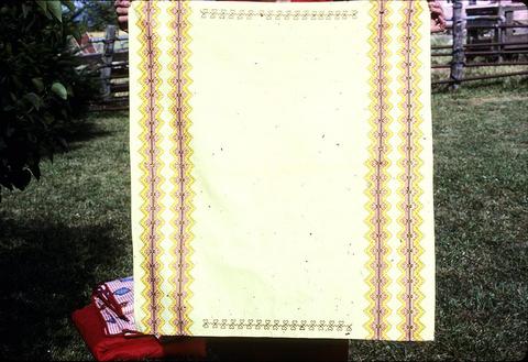 29 x 32 inch Swedish weaving on huc cloth done by Mrs. Hattie Jensen, around 1971 or so, in Junction City