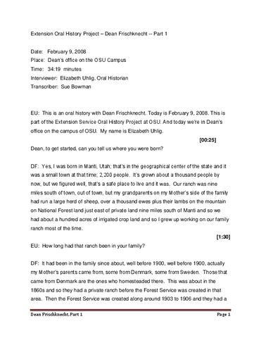 Interview with Dean Frischknecht, February 9, 2008 (Part 1 Transcript)