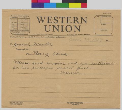 Correspondence, notes, expense lists, and invoices for objects obtained by Gen. Munthe and shipped to Gertrude Bass Warner in Eugene [002]