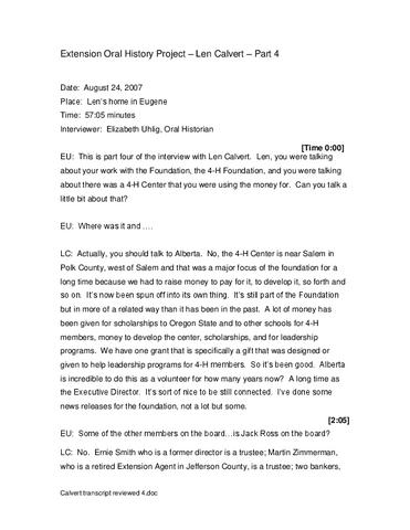 Interview with Leonard J. Calvert, August 24, 2007 (Part 2 transcript)