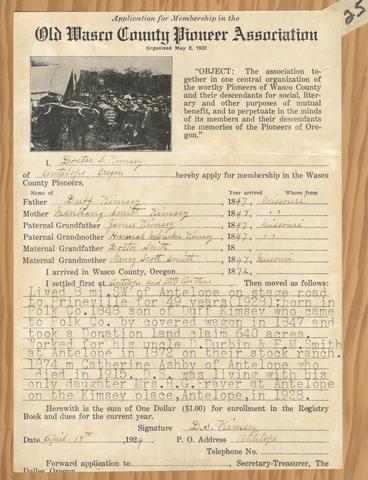 Application for Membership in the Old Wasco County Pioneer Association - Organized May 2, 1922Doctor S. Kimsey (D.S. Kimsey)