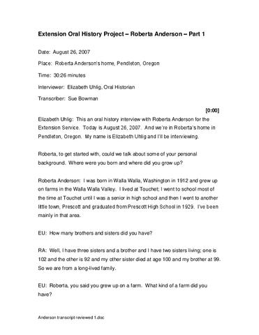 Interview with Roberta Frasier Anderson, August 26, 2007 (Part 1 transcript)