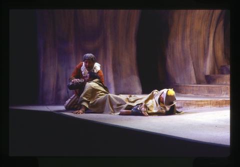 J. Paul Hopkins as Stephano, W. Paul Doughton as Caliban, and Brent Norquist as Trinculo in The Tempest, 1989