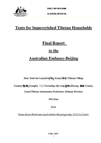 Tents for Impoverished Tibetan Households: Final Report to the Australian Embassy - Beijing