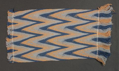 Textile Panel of woven blue, pale blue and warm beige wool in a pattern of chevron stripes