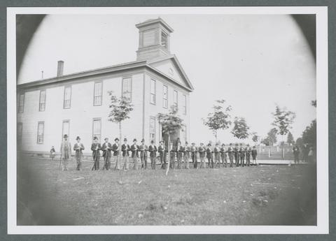 Cadets and Corvallis College building, circa 1875