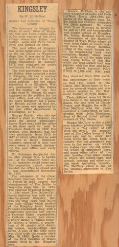 ""Kingsley"" a newspaper article written by W.H. McNeal, Author and Historian of Wasco County about some of the early history of Kingsley, Oregon