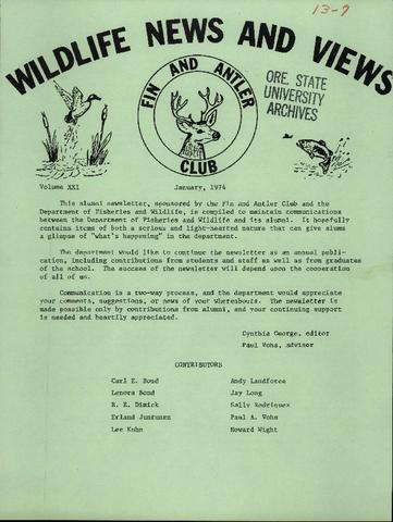 Wildlife News and Views, January, 1974