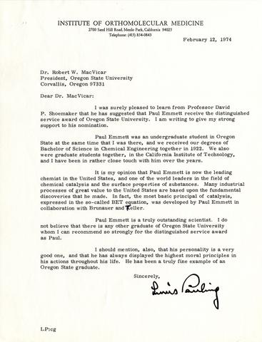 Letter from Linus Pauling to OSU President Robert MacVicar concerning the nomination of Paul Emmett for OSU's Distinguished Service Award, February 1974