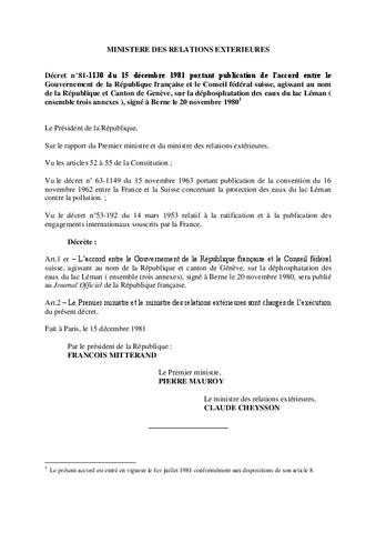 Agreement between the government of the French Republic and the Federal Council of Switzerland, on behalf of the Canton of Geneva on the dephosphatization of Lake Leman waters
