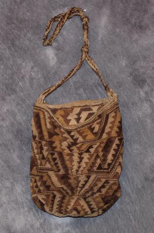 Handbag of shades of brown linen or hemp in zig-zag geometric patterns