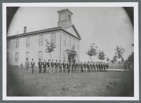 Cadets and Corvallis College building, circa 1875